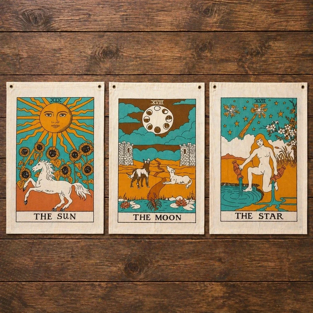 Tarot Card Wall Hanging Set 22x16 Multicolor Sun Moon Star Cotton 3pc BOHO Witch